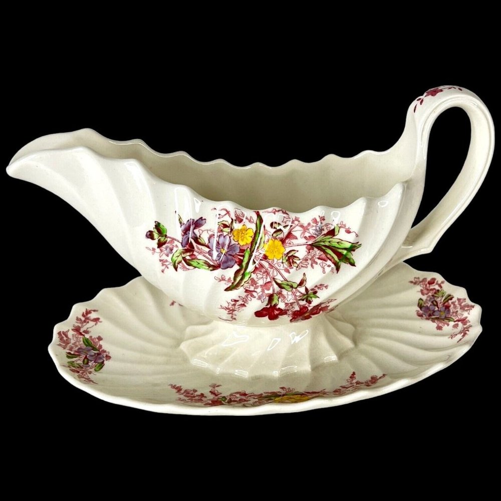 Copeland Spode Fairy Dell Gravy Boat Attached‎ Underplate Made England Pink
